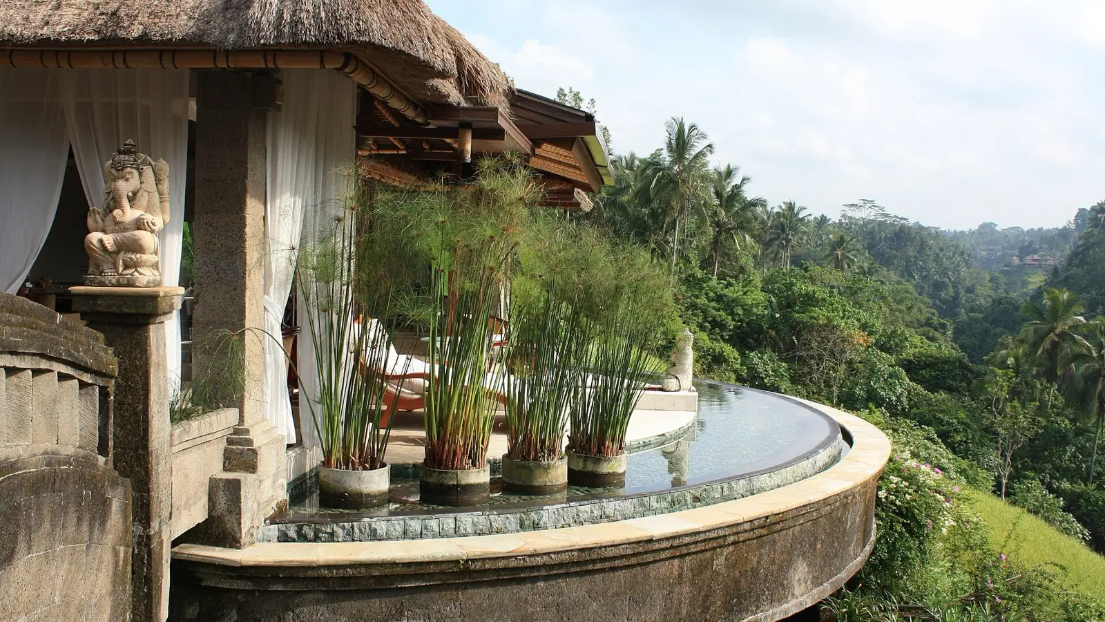 Private villa infinity pool gazing into the lush Petanu River rainforest gorge in Ubud