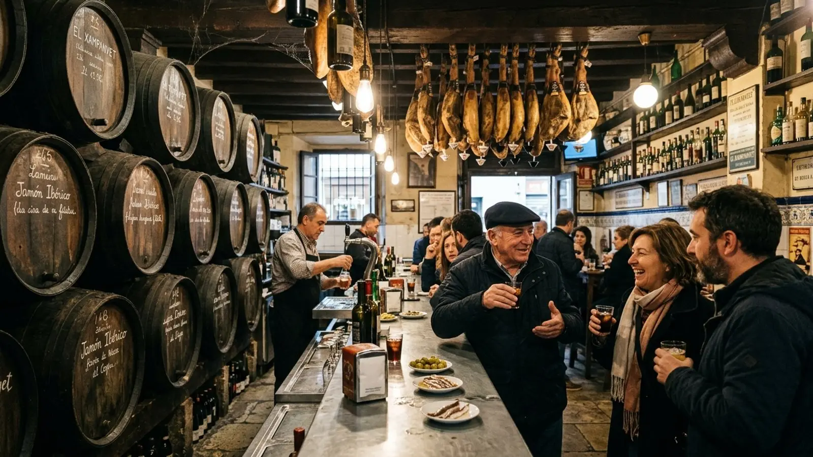 Historic Catalan bodega interior featuring monumental oak wine casks and cured Jamon Iberico legs hanging from beams