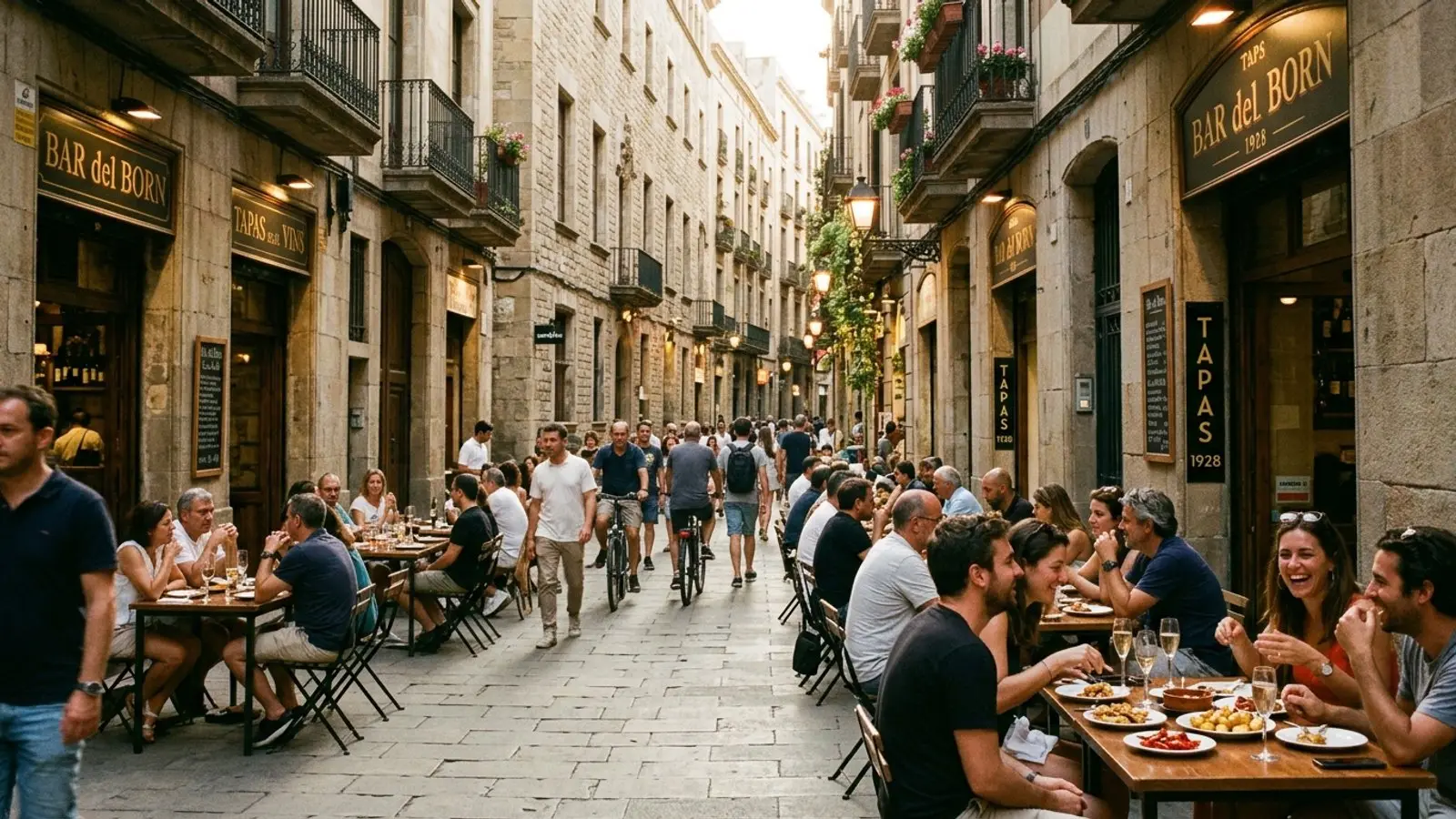 Atmospheric Carrer de Montcada in El Born lined with open-air terrace dining tables framed by medieval stone palaces