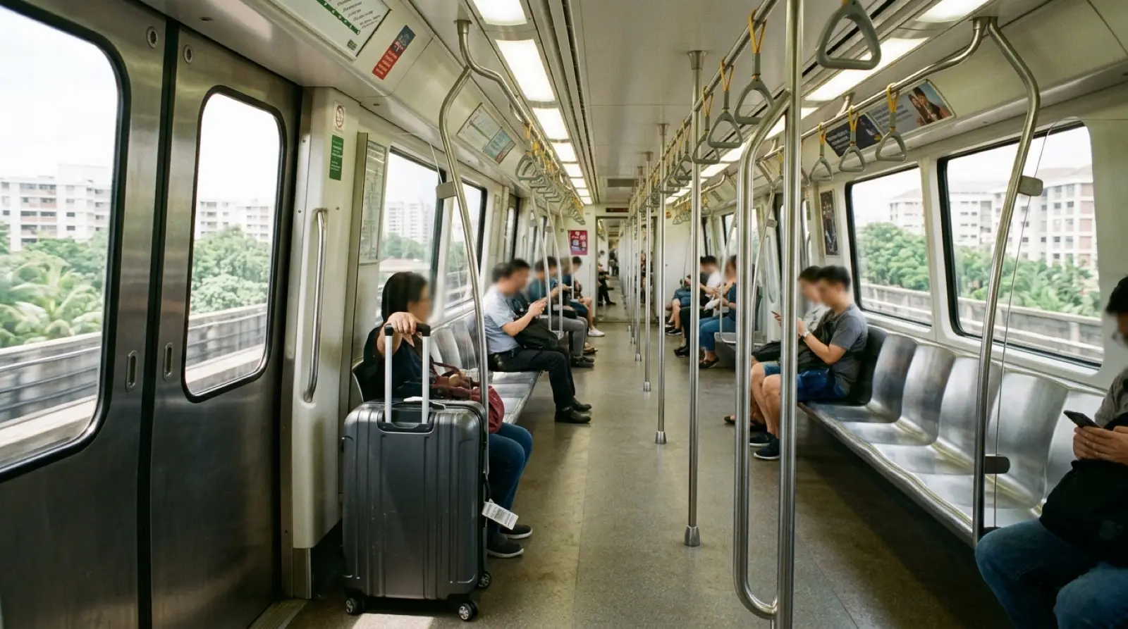 タナメラ駅へ向かうMRT東西線の車内、ドア脇に立てたスーツケース