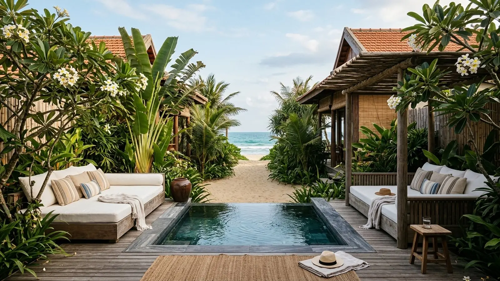 Secluded plunge pool patio nestled within lush frangipani blossoms at a Hoi An An Bang private beach villa