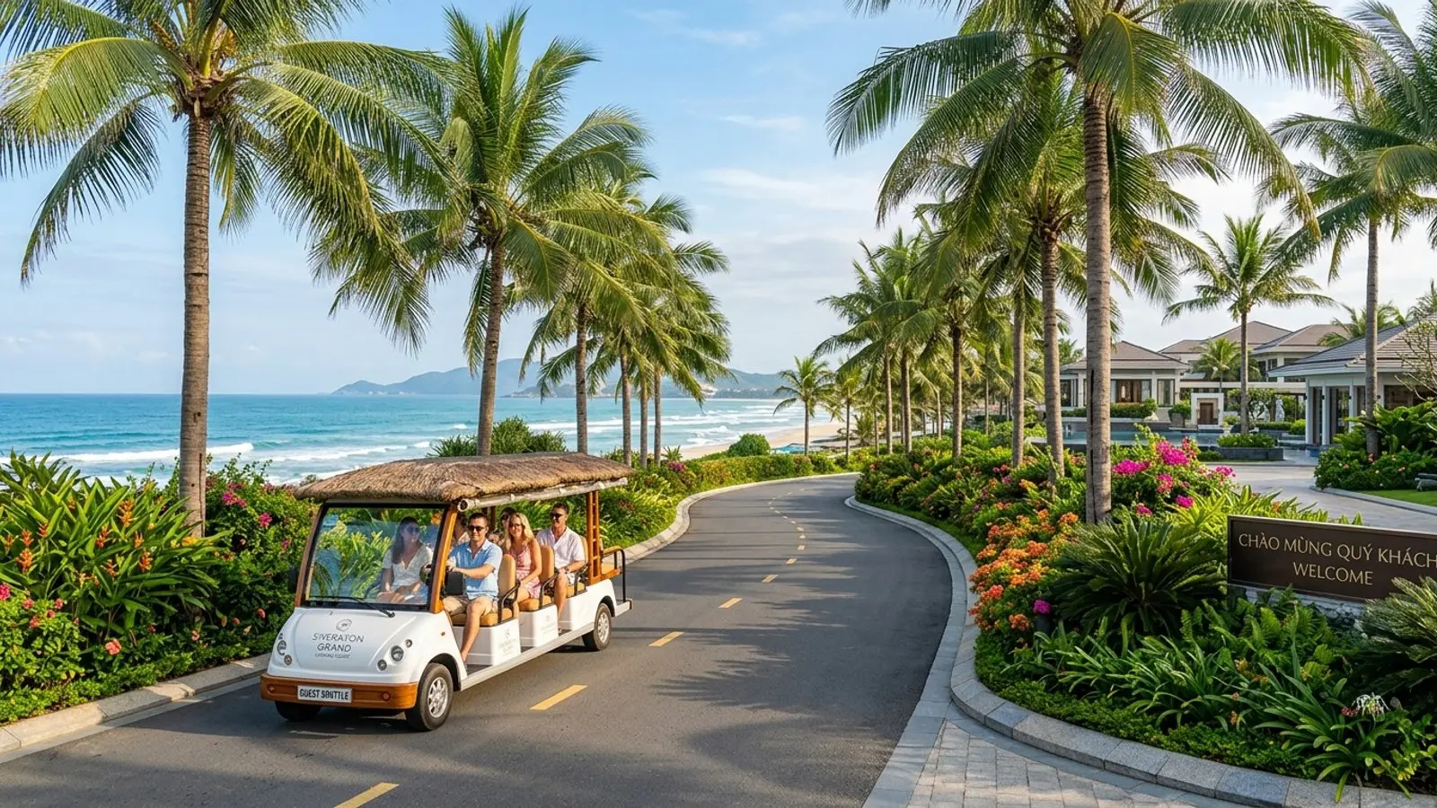 Coconut palm garden paths and open-air resort buggy shuttles traversing Non Nuoc beachfront grounds