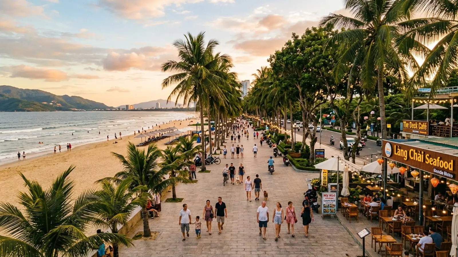 Lively seaside promenade along Vo Nguyen Giap street lined with seafood bistros facing My Khe beach
