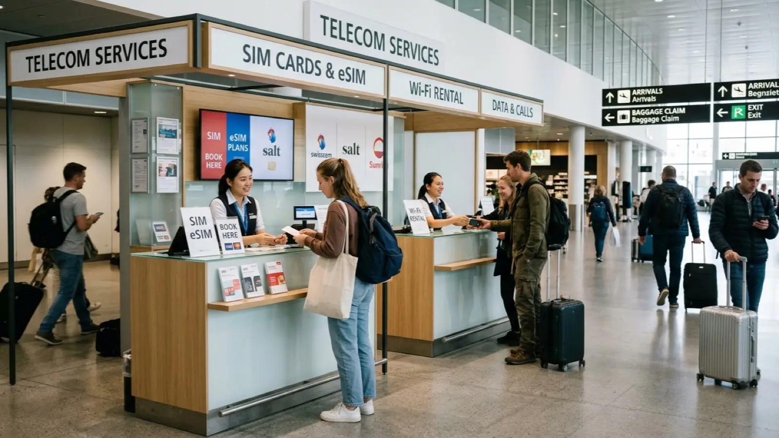 국제공항 입국장 통신사 안내 데스크와 eSIM 활성화 안내 카운터