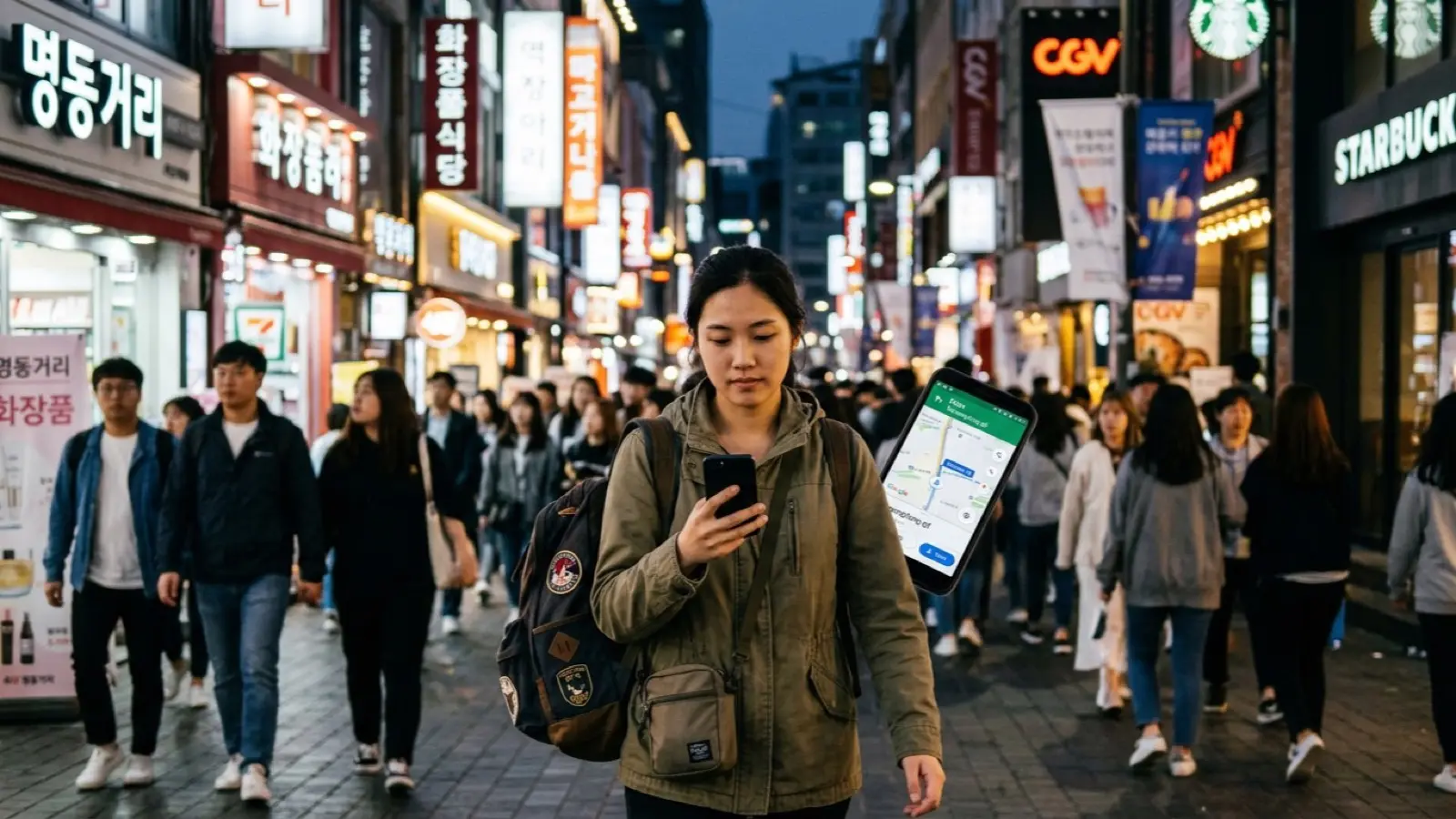 도심 번화가에서 실시간 지도 검색과 데이터 테더링 활용