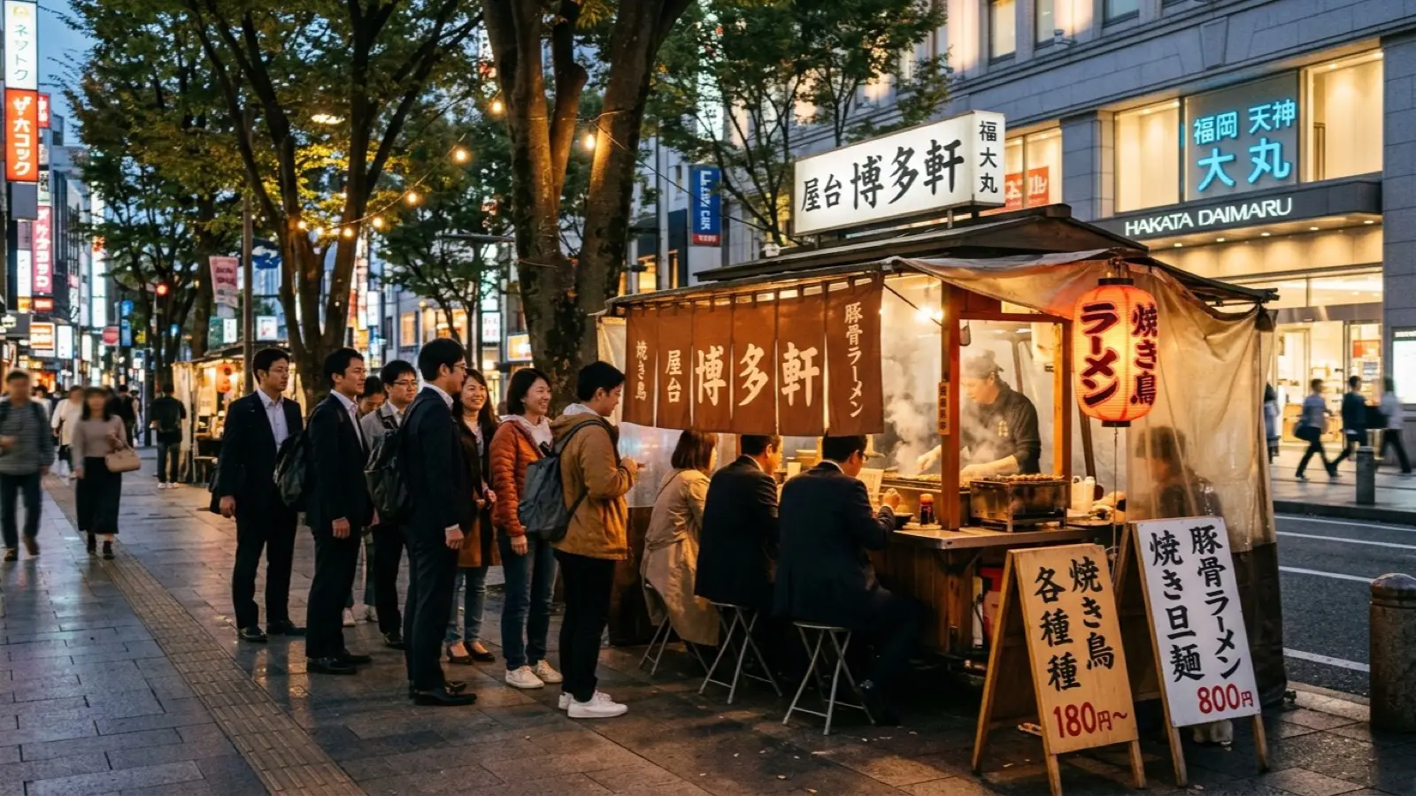 텐진 다이마루 백화점 앞 보도블록에 펼쳐진 전통 야타이 줄서기 풍경