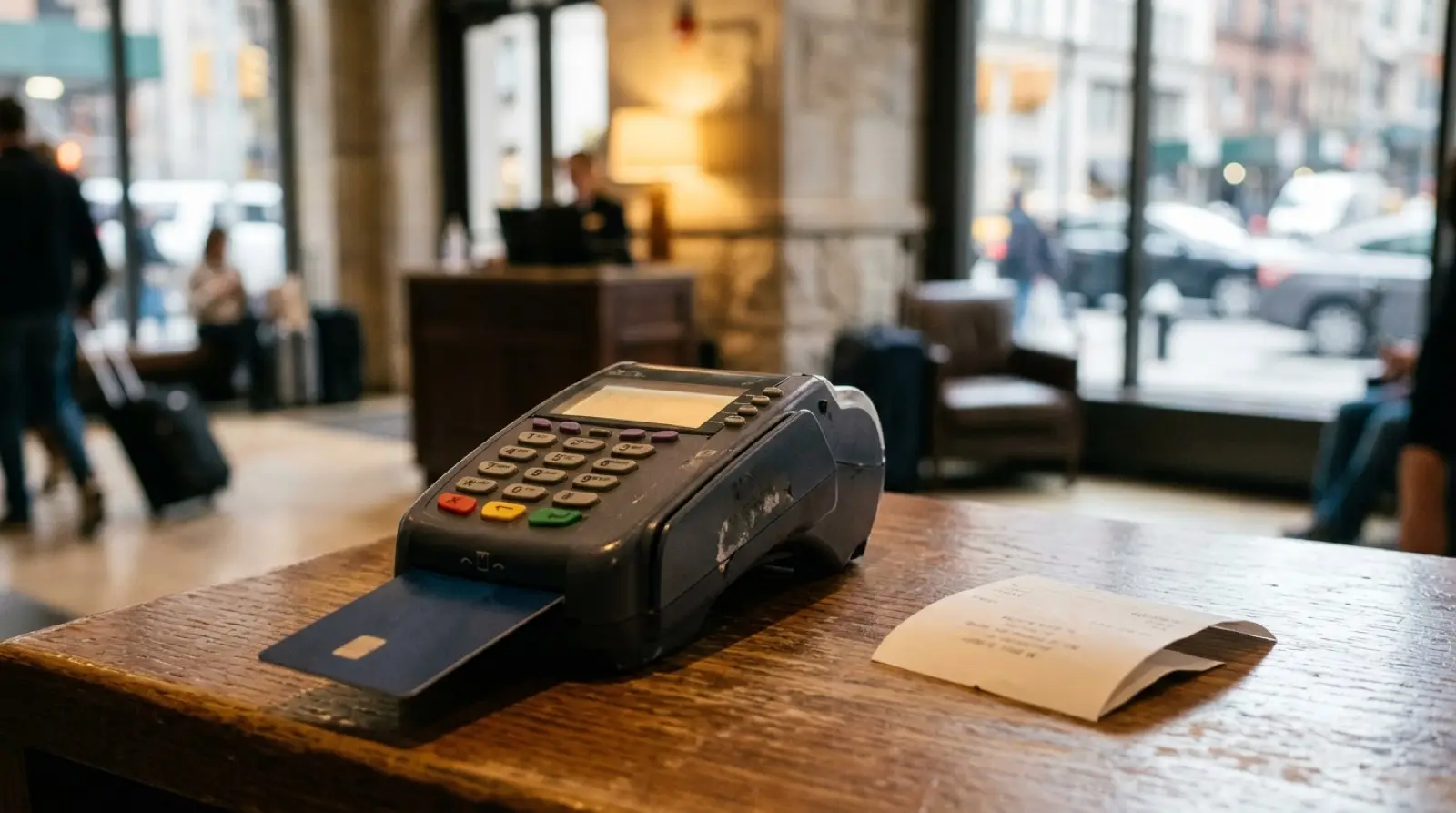 ホテルのフロントカウンターにある決済端末にクレジットカードが差し込まれた様子。