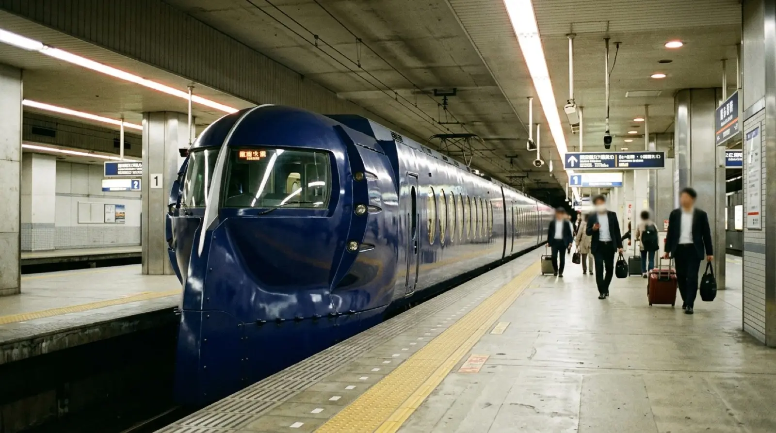 関西空港駅のホームに停車する、紺色の車体と楕円窓の南海特急ラピート