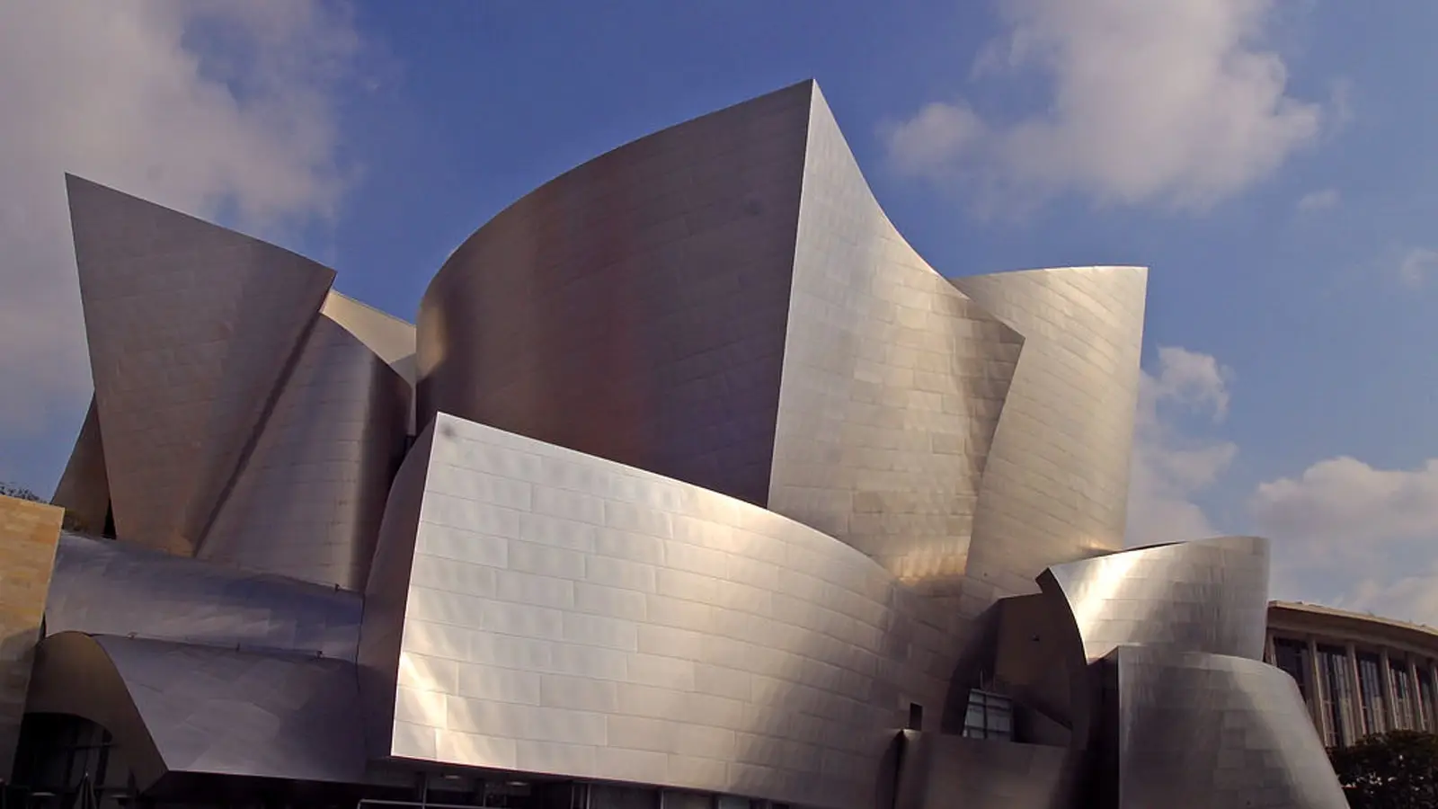 Sweeping stainless-steel sails of the Frank Gehry-designed Walt Disney Concert Hall gleaming under California sun