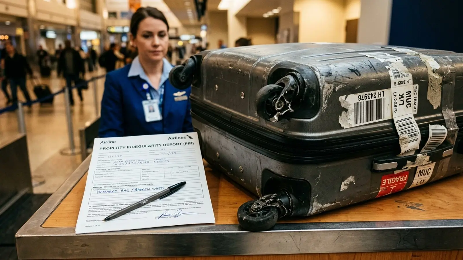 Cracked suitcase wheel examined alongside an official Property Irregularity Report (PIR) document