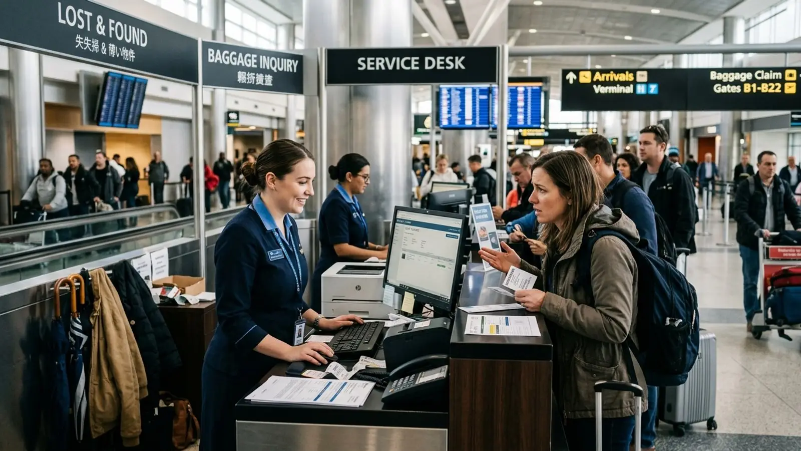 Traveler consulting ground staff at an airport baggage service counter to file an irregularity report