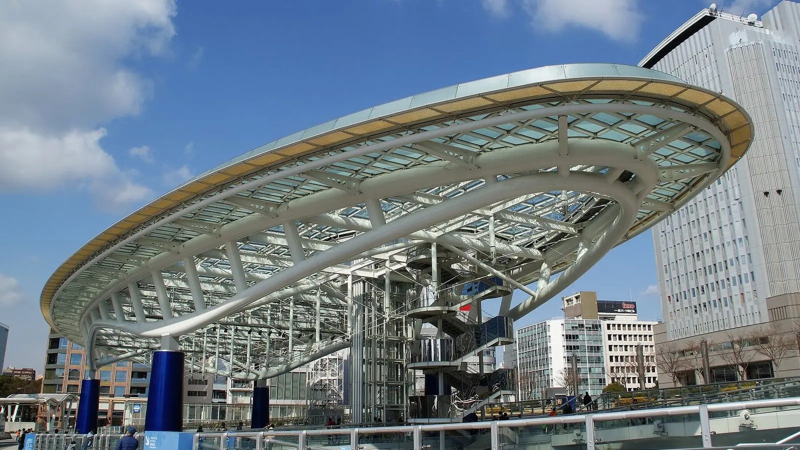 Water-filled glass roof of the Oasis 21 Spaceship-Aqua floating above Sakae in central Nagoya