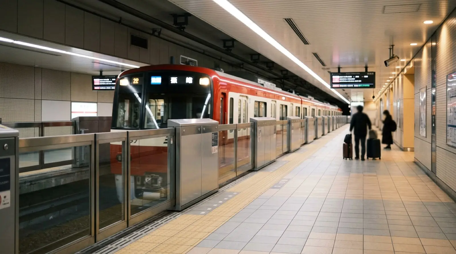 羽田空港第3ターミナル駅の地下ホームに入線した赤い京急線の電車