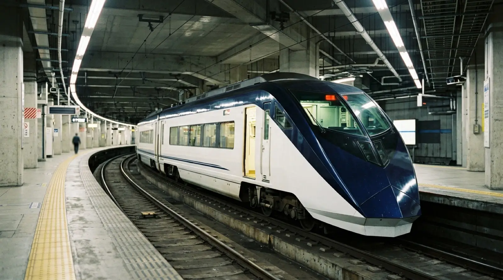 空港第2ビル駅の地下ホームに停車する紺と白の京成スカイライナー