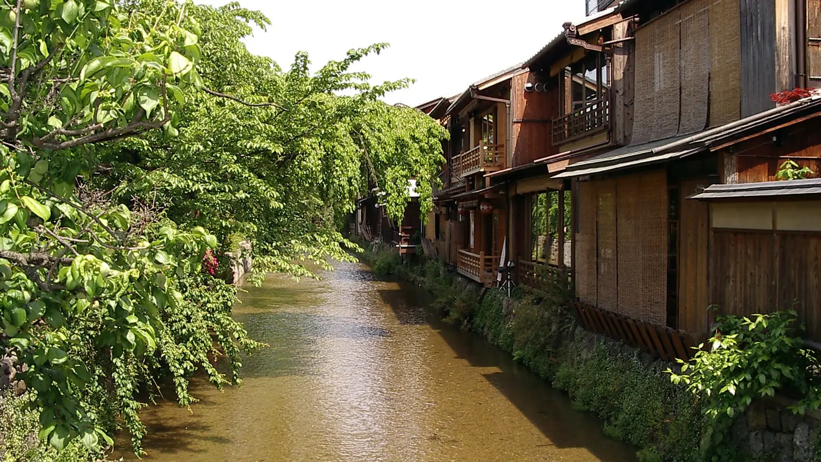 Lantern-lit wooden machiya houses along the historic canals of Gion