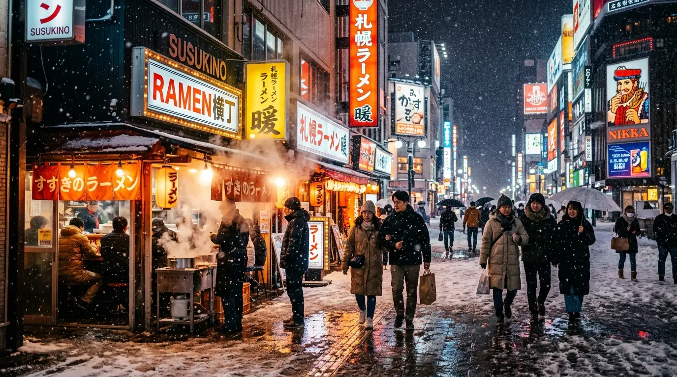 역사적인 붉은 벽돌 석조 창고와 잔잔한 수면에 설경이 그림처럼 비치는 겨울 오타루 운하 산책로