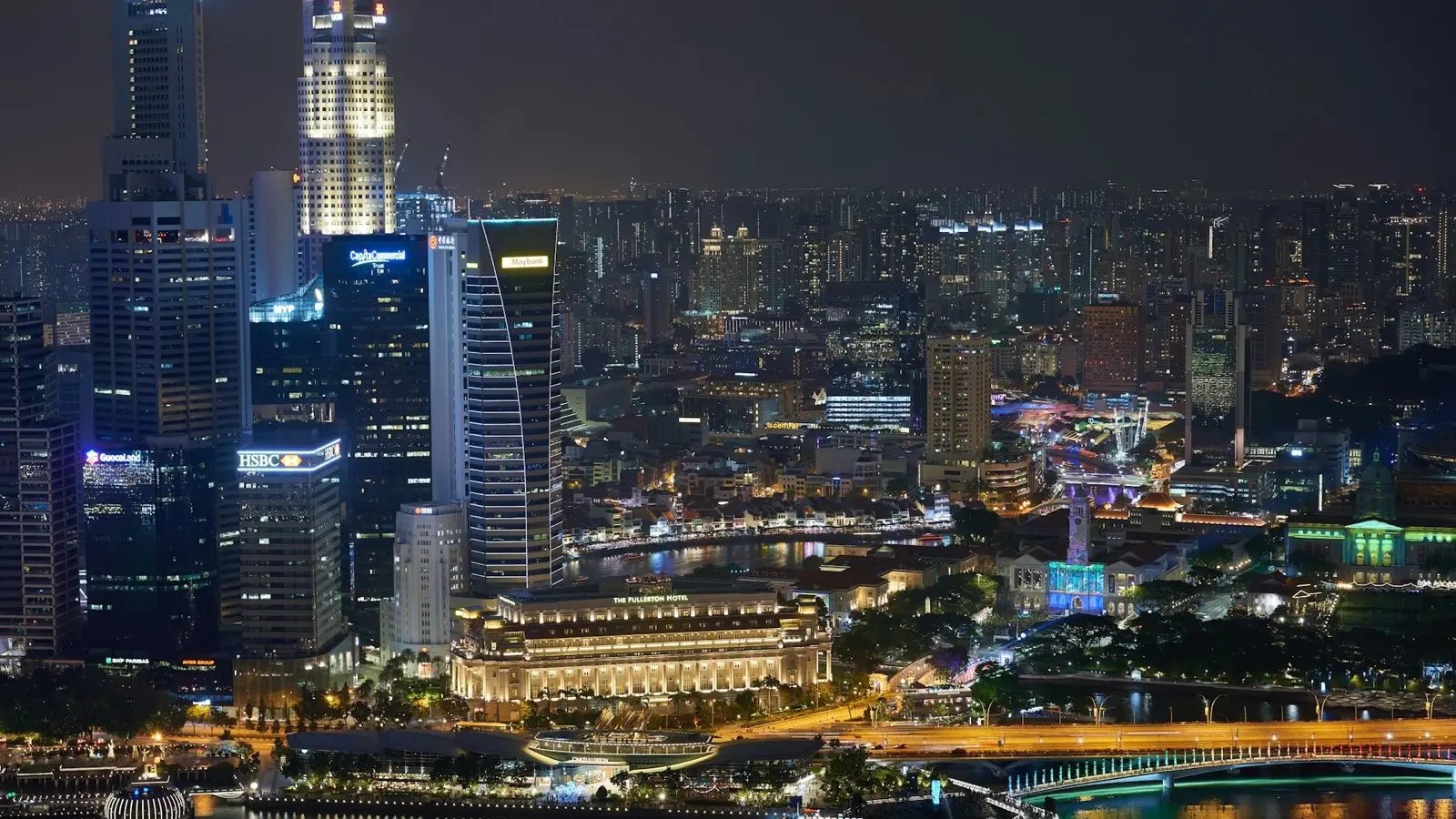 Singapore central business district and Marina Bay skyline viewed from the elevated SkyPark observation deck