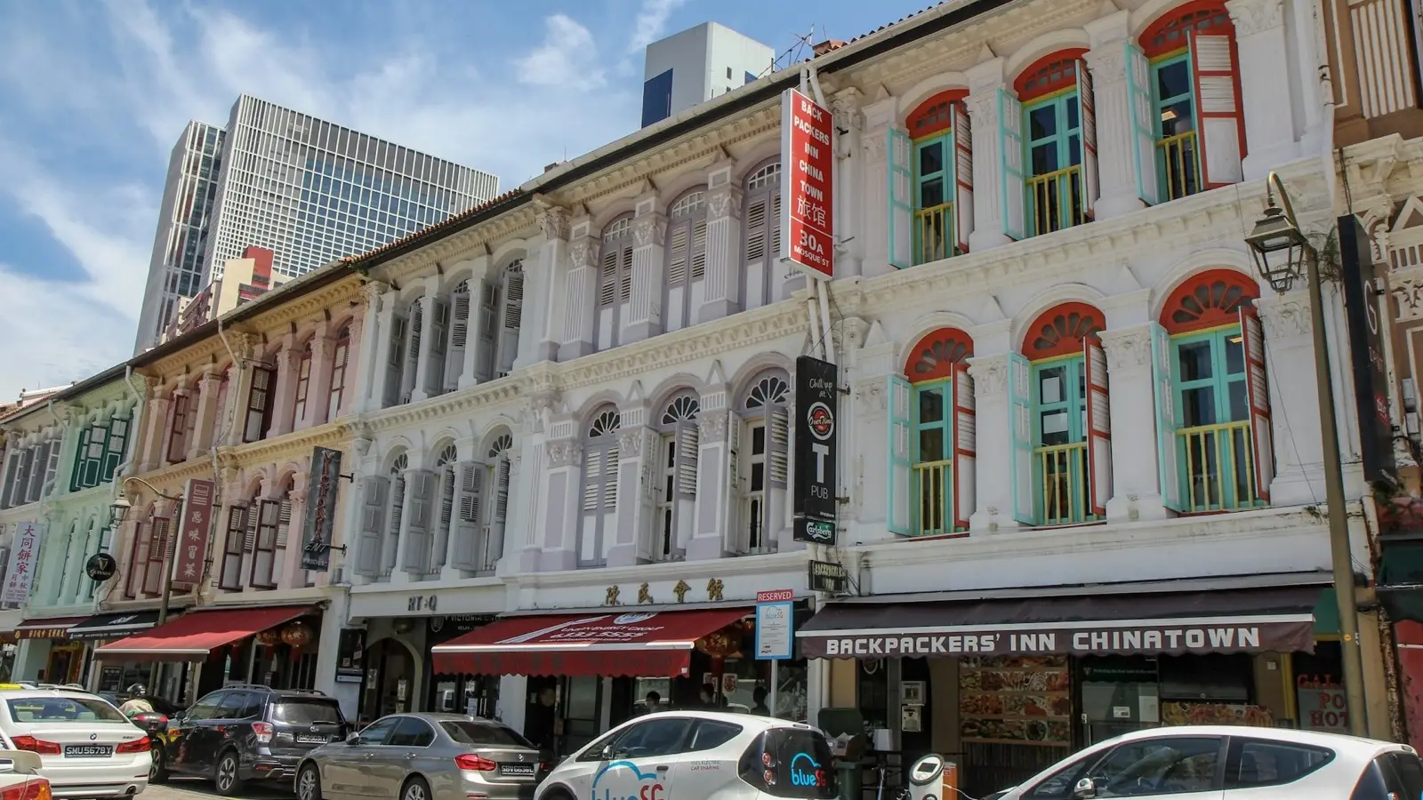 Historic pastel Peranakan heritage shophouses lining Pagoda Street in Chinatown and Telok Ayer district
