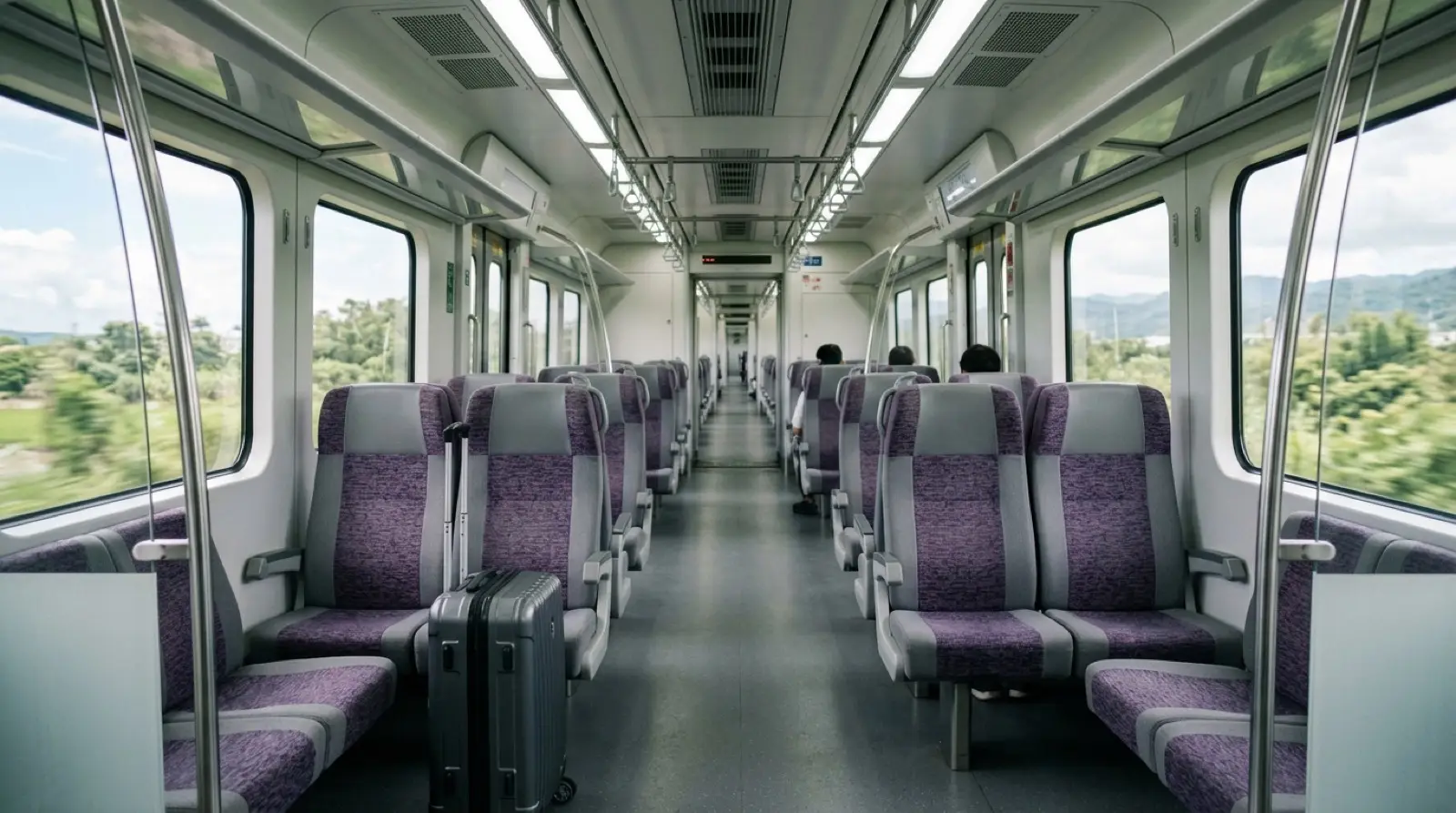 Inside a purple Taoyuan Airport MRT express carriage, with rows of seats in a two by two layout
