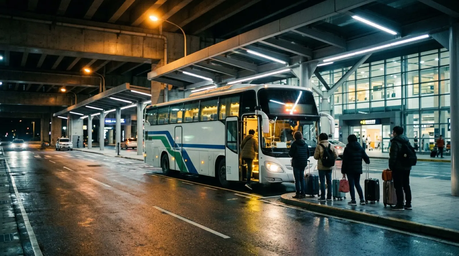 A Kuo-Kuang airport coach waiting at the bus bay outside Taoyuan Airport Terminal 2 at night